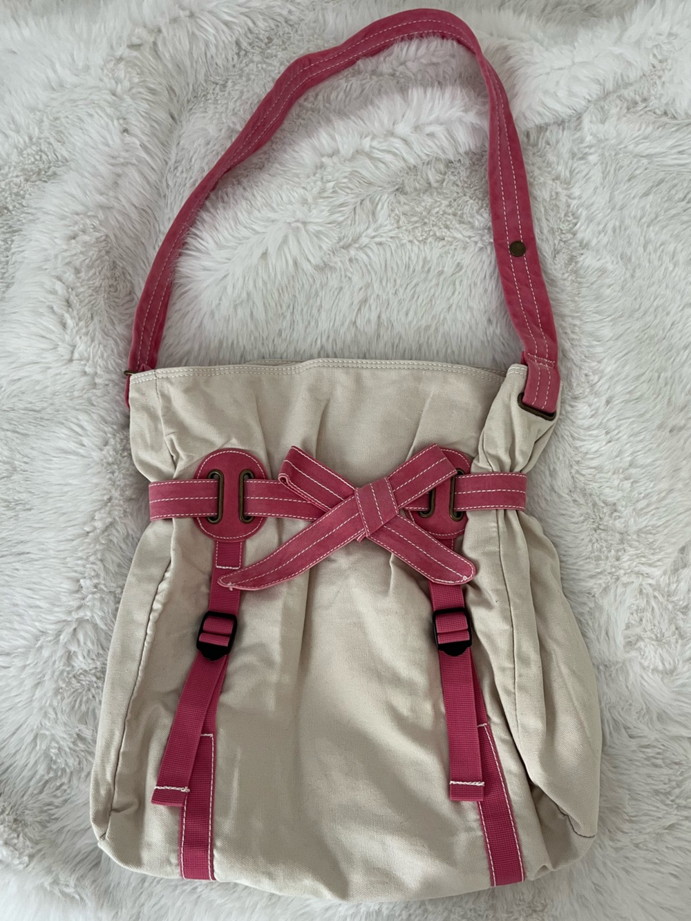 GAIAM Beige Canvas Yoga and Pilates Tote with Pink Bow and Straps